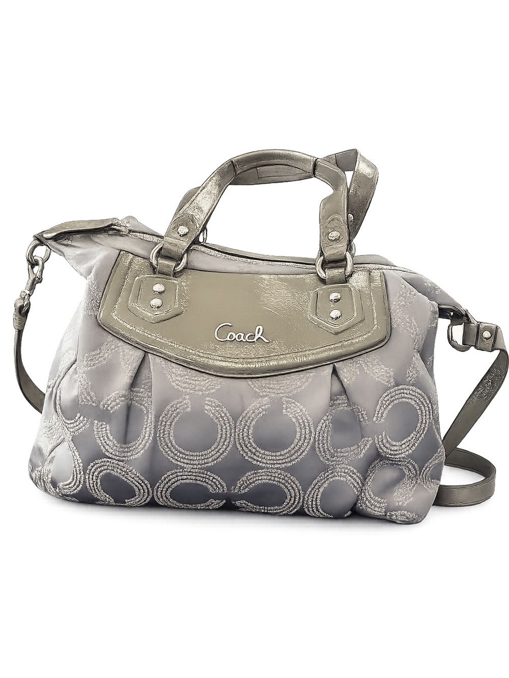 Coach Silver Gray Signature Satchel with Patent Trim